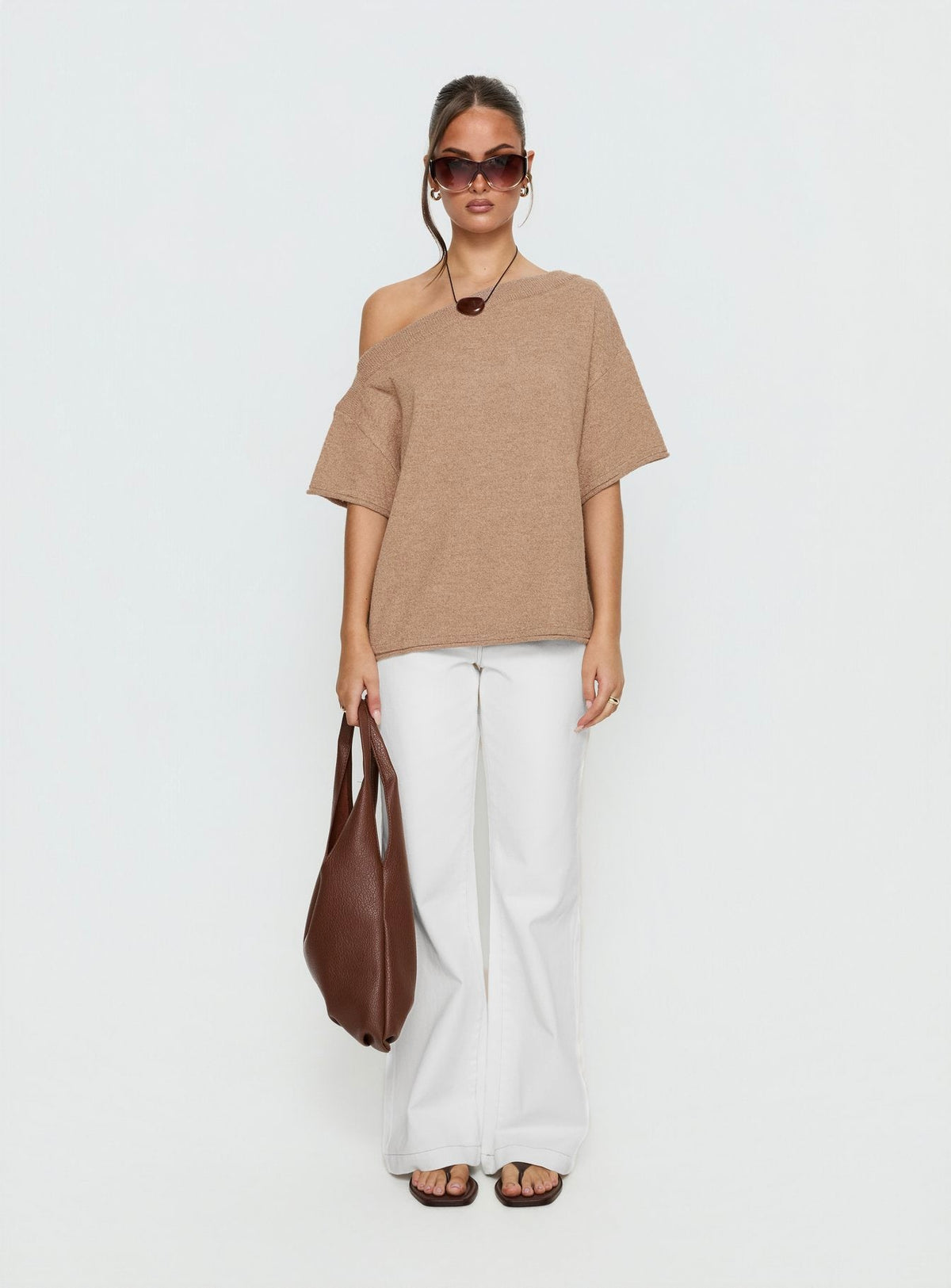 Kourta Off Shoulder Oversized Knit Top Mocha