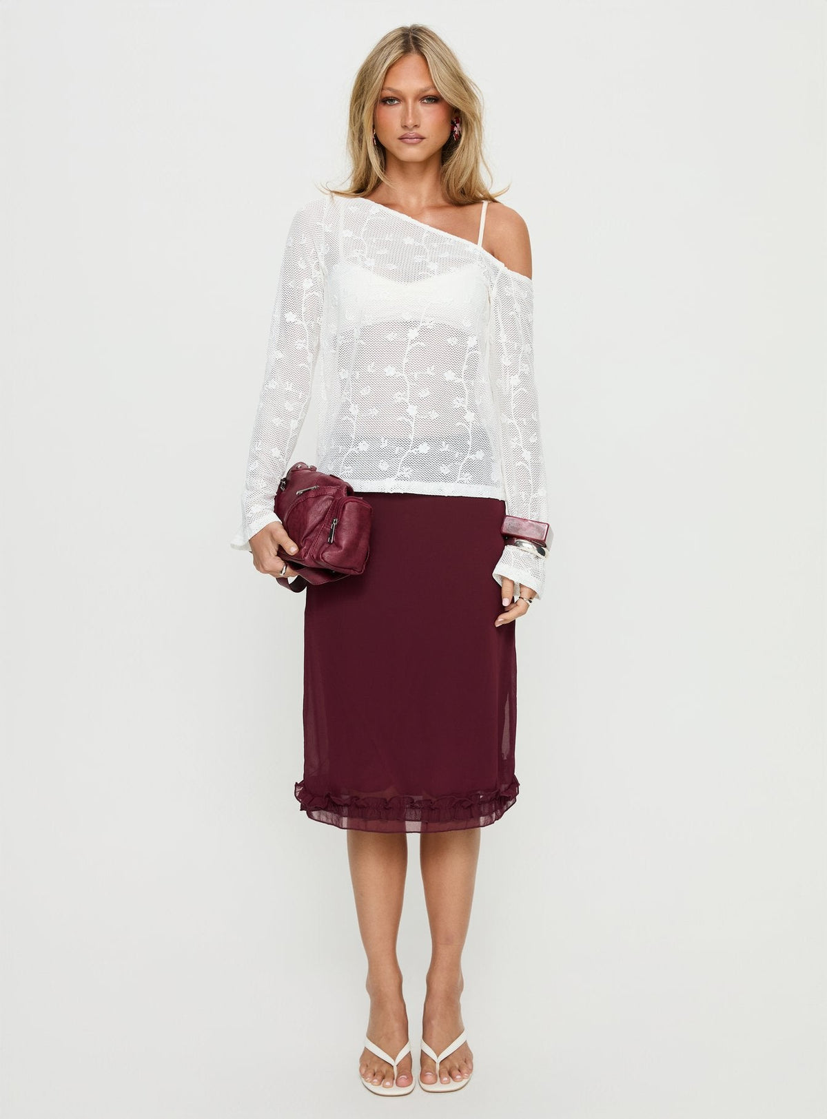 Aricella Sheer Off Shoulder Long Sleeve Top White
