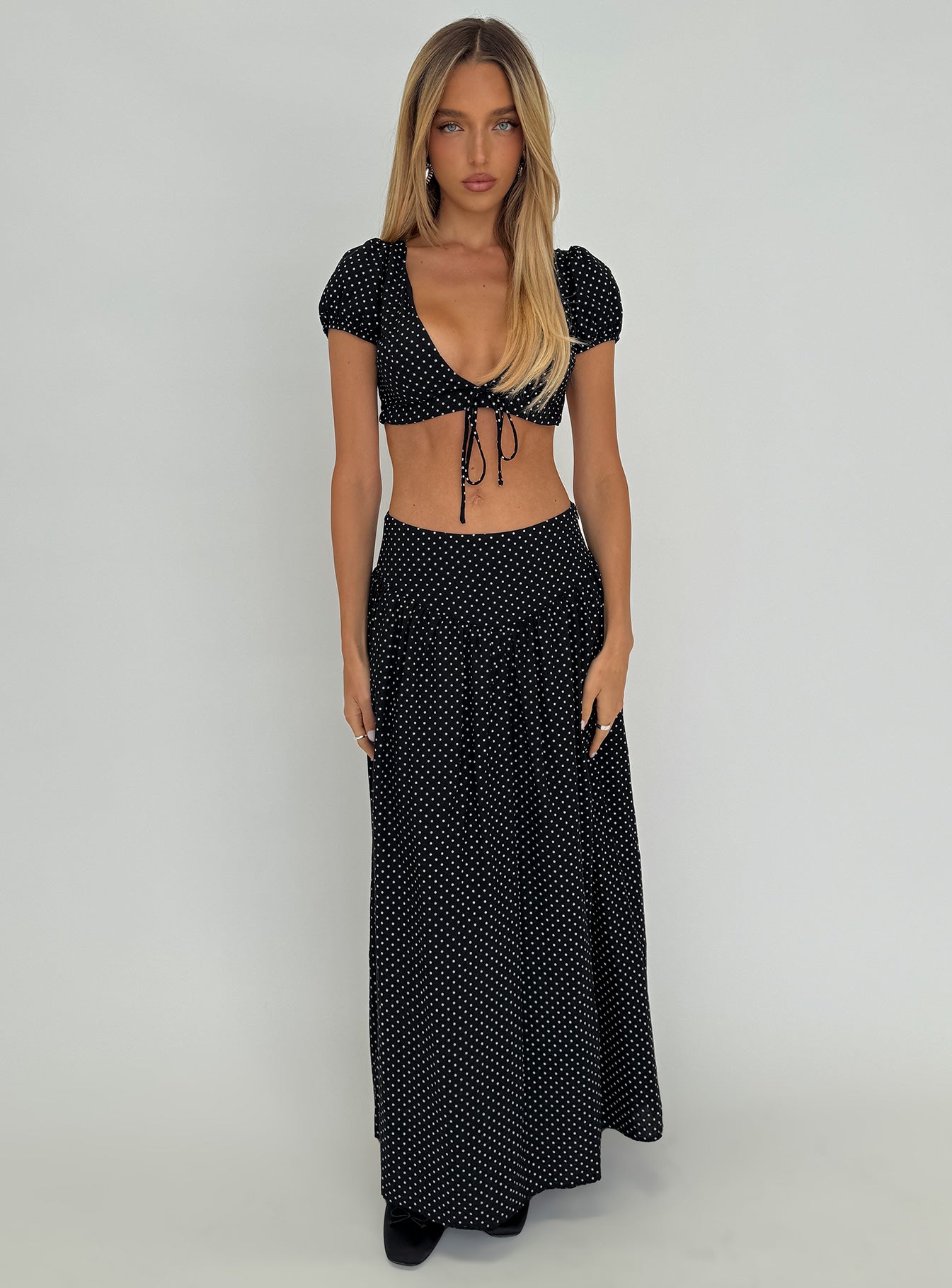 Alletta Tie Up Micro Crop Top Black Polka
