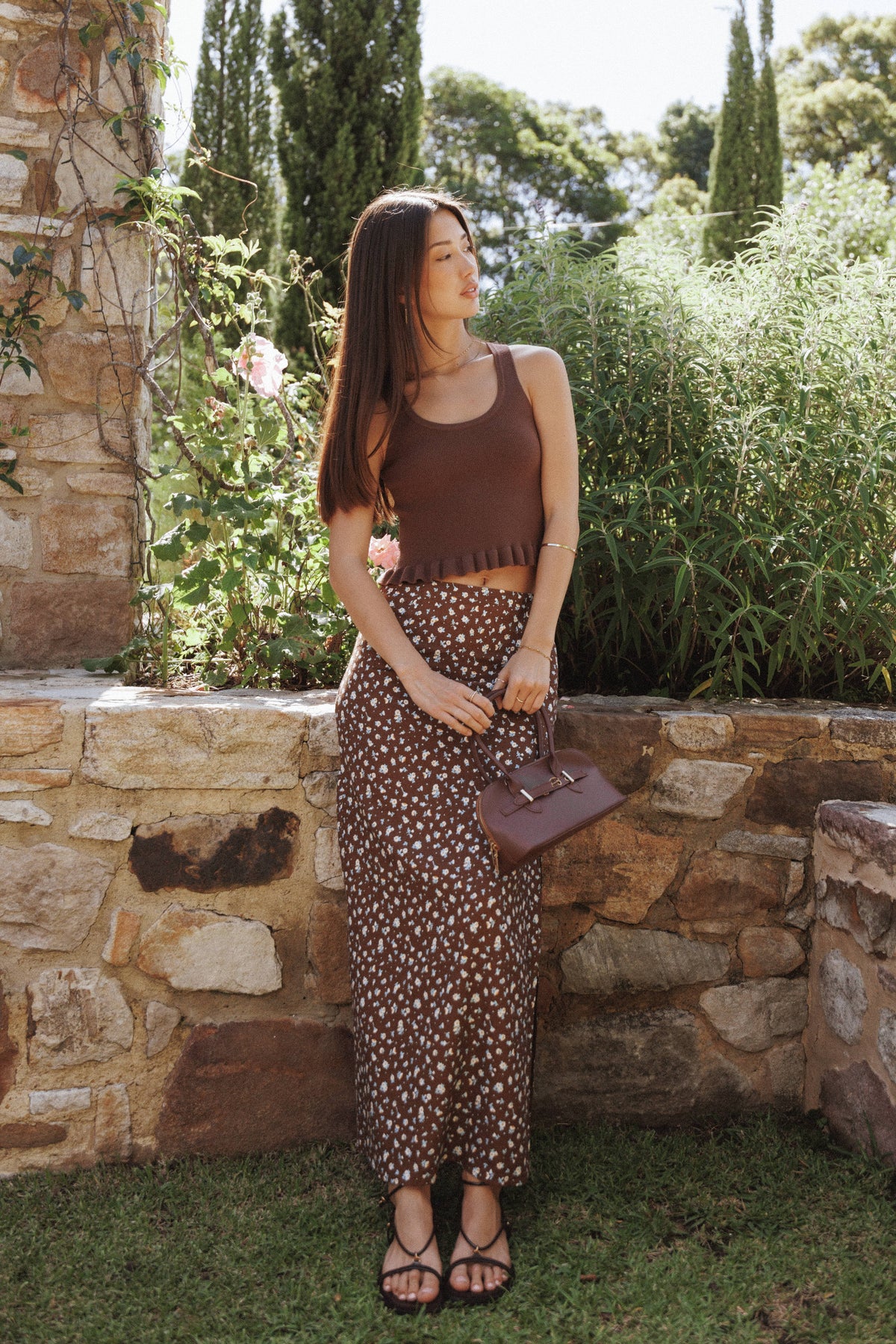 Berenice Ruffle Hem Knitted Top - Brown