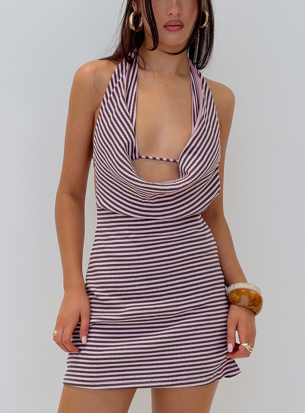 Quenna Halter Cowl Neck Mini Dress Multi Stripe