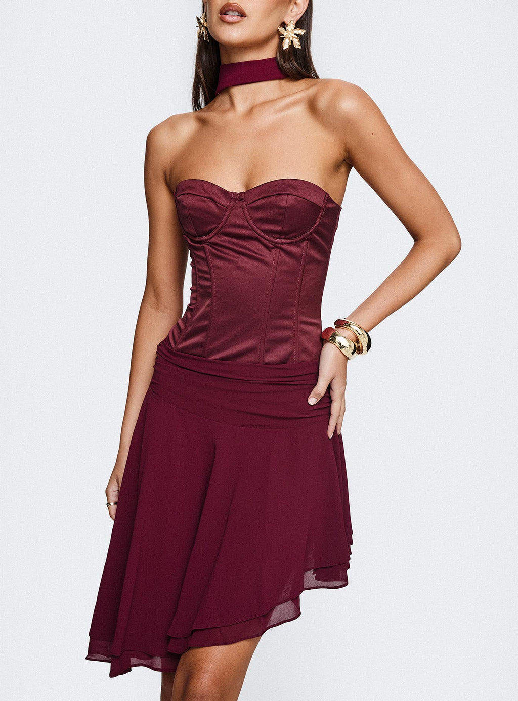 Rhythms Scarf Detail Midi Dress Wine