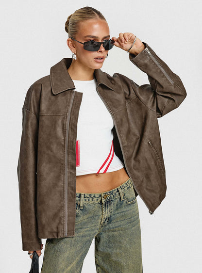 Faux Leather Collared Dad Jacket Washed Brown