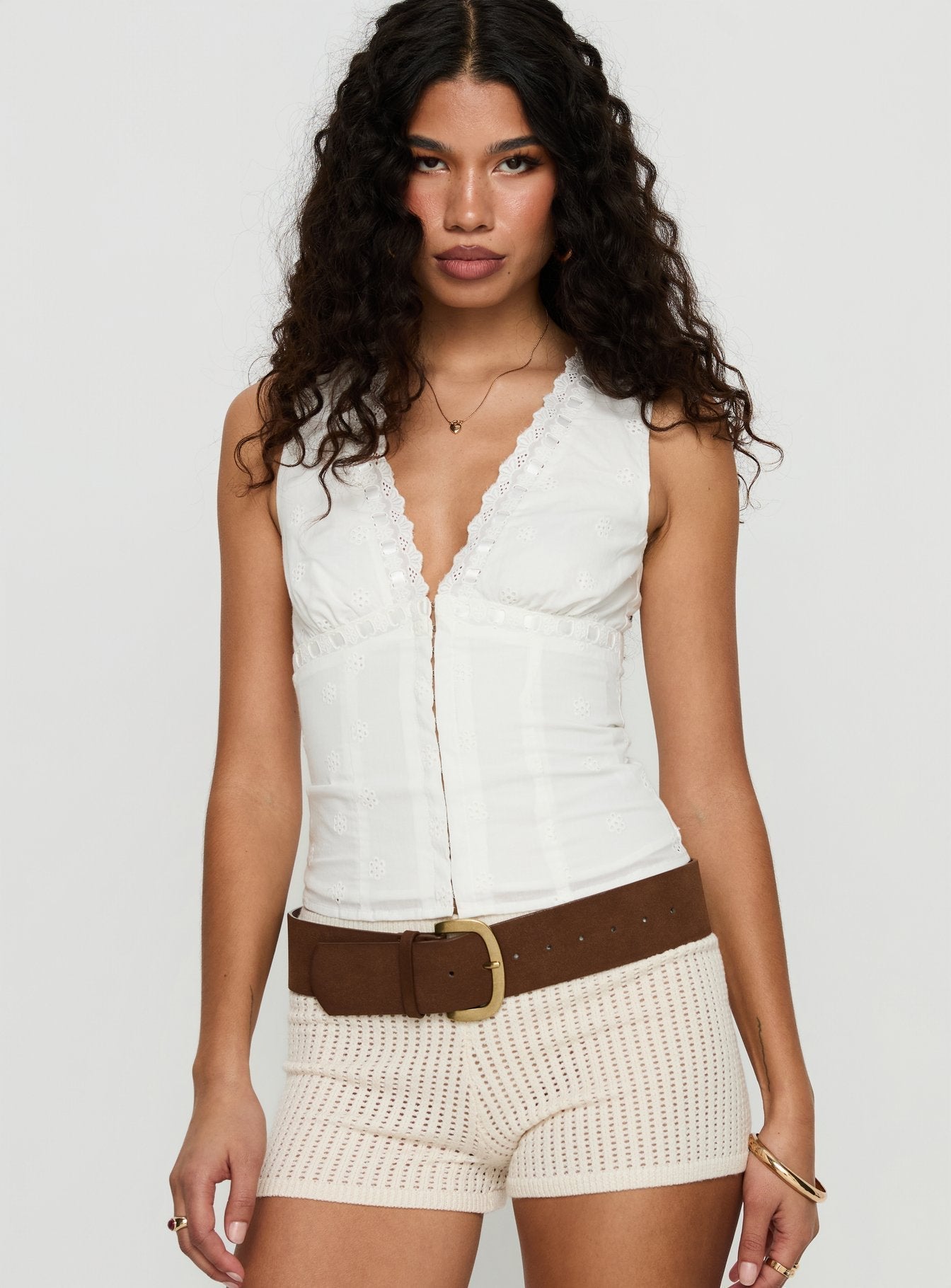 Speechless Sleeveless Lace Trim Top White