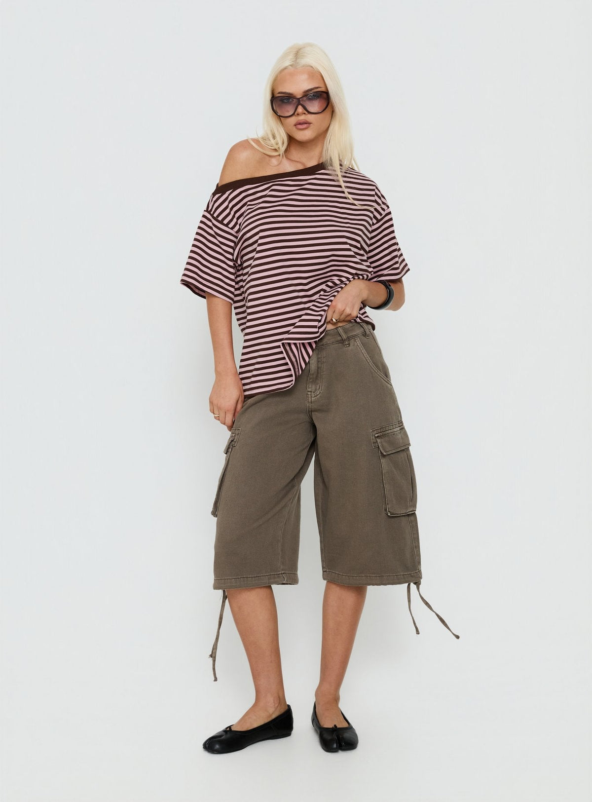 Settle Down One Shoulder Top Pink / Chocolate Stripe