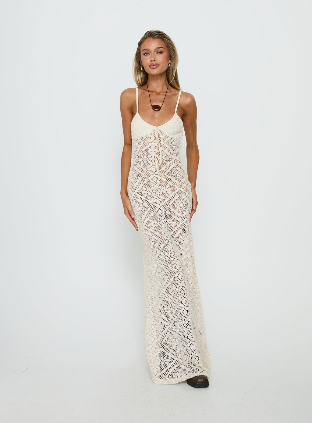 Eminent Crochet Low Back Maxi Dress Cream