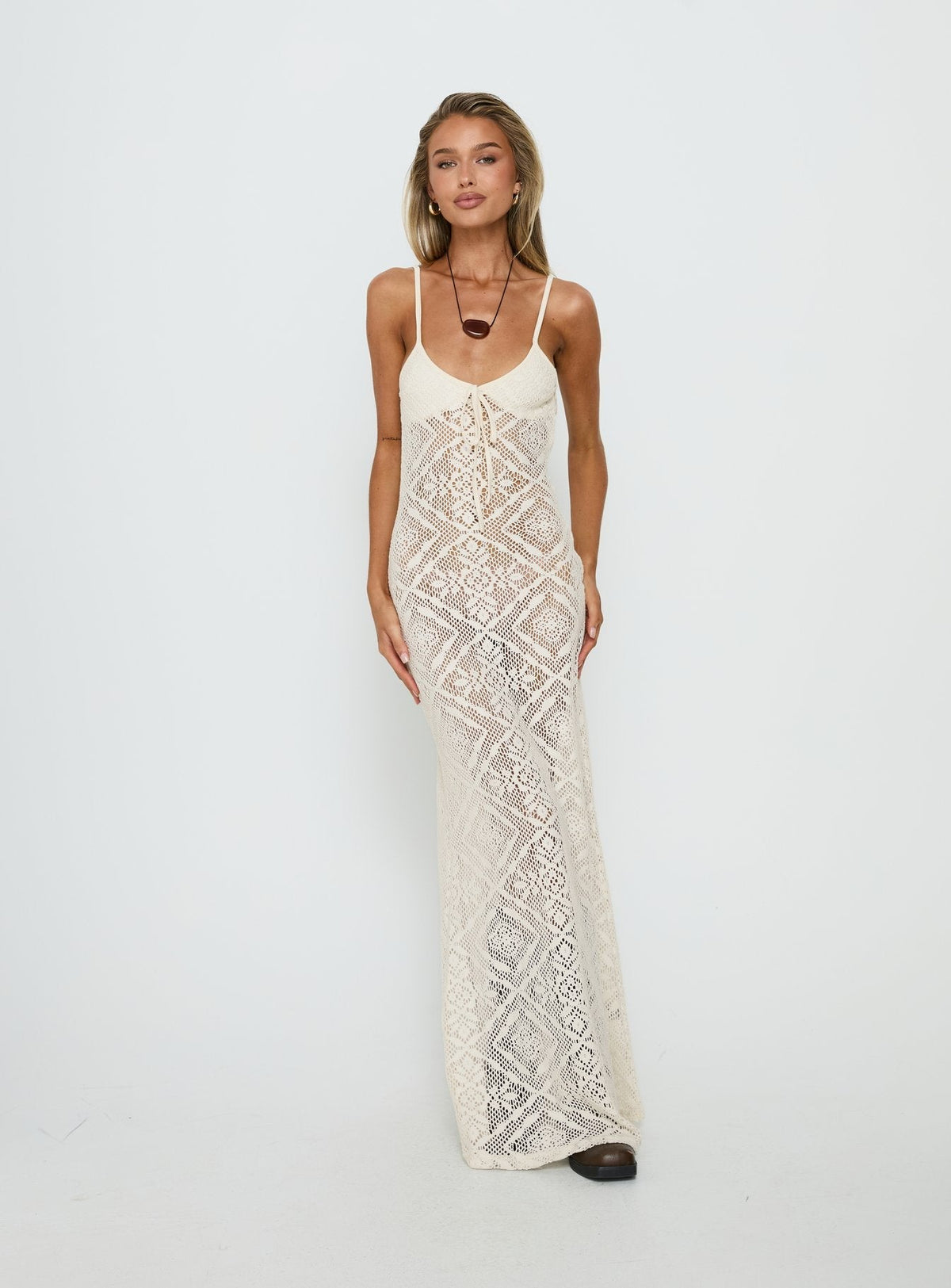 Eminent Crochet Low Back Maxi Dress Cream