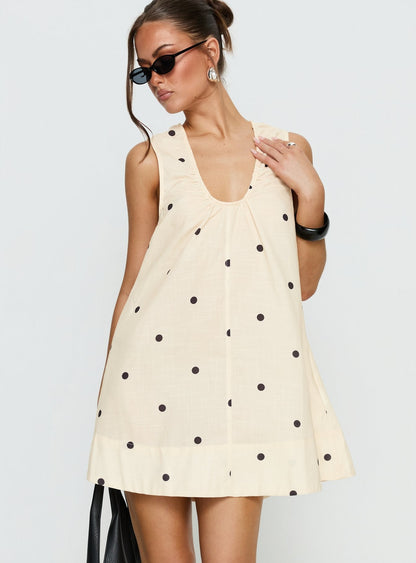 Eberta Ruched Baby Doll Mini Dress Yellow Polka Dot