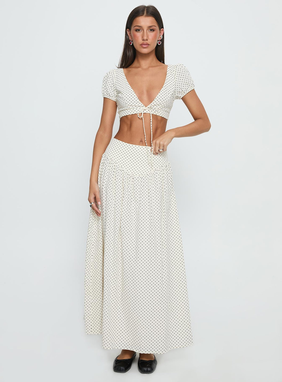 Alletta Drop Waist Maxi Skirt Cream Polka Dot