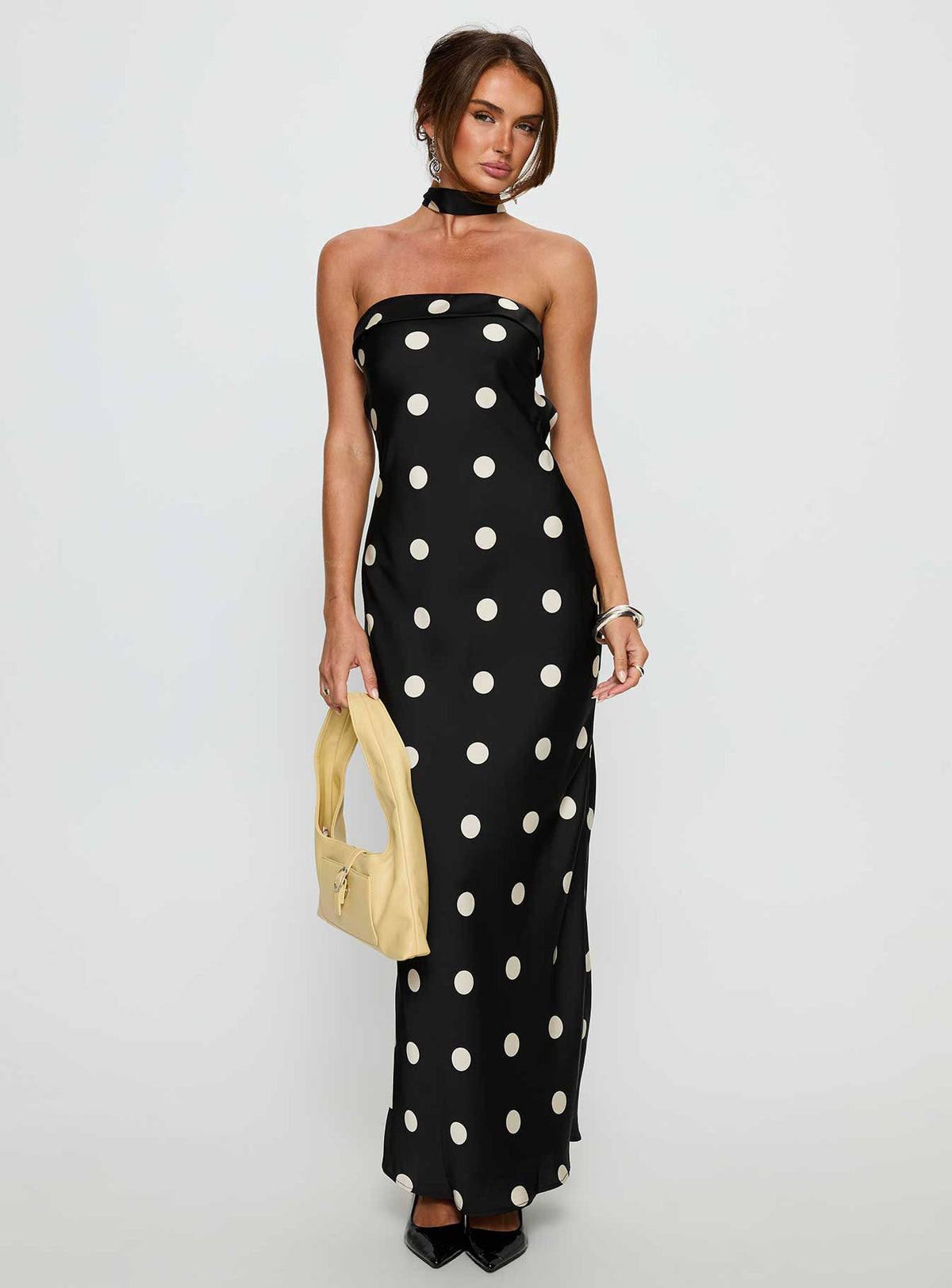 Madilaine Strapless Scarf Maxi Dress Black / Polka Dot