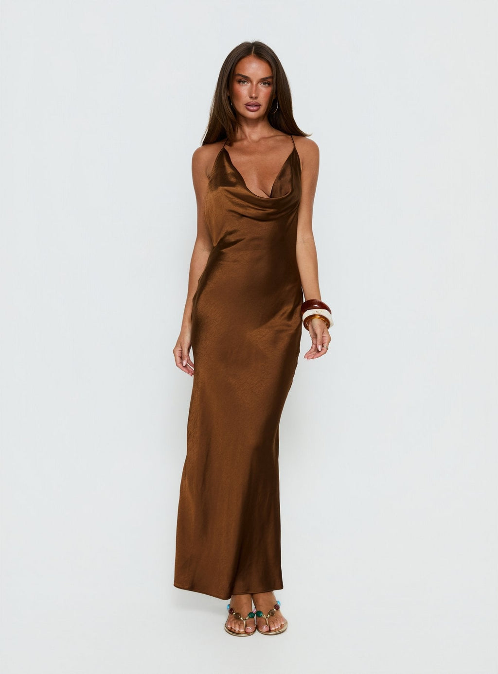 Anjelina Halter Plunge Maxi Dress Chocolate Brown