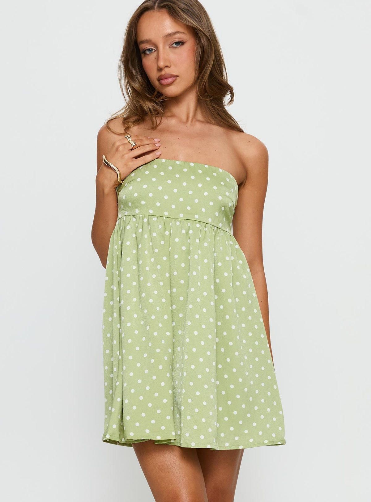 Follow the Dream Strapless Mini Dress Green Polka Dot