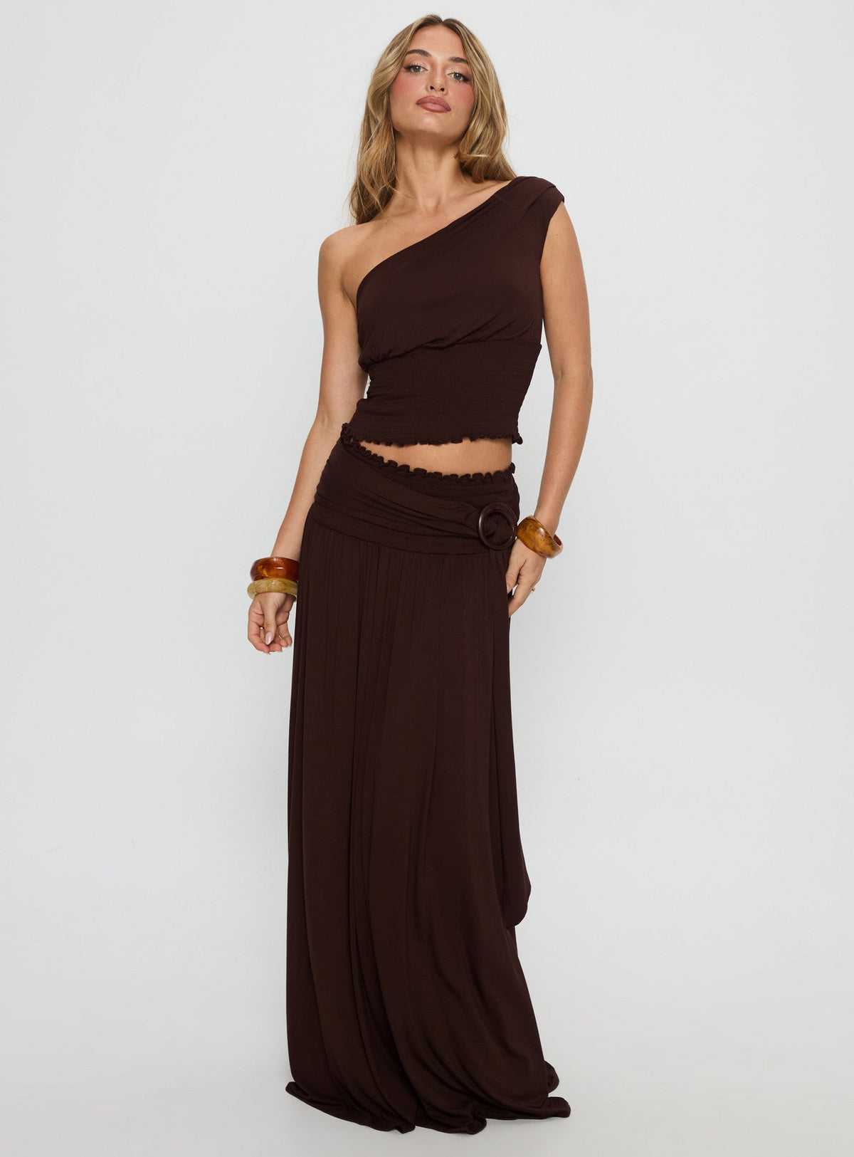 Full Orbit Shirred Maxi Skirt Chocolate Brown
