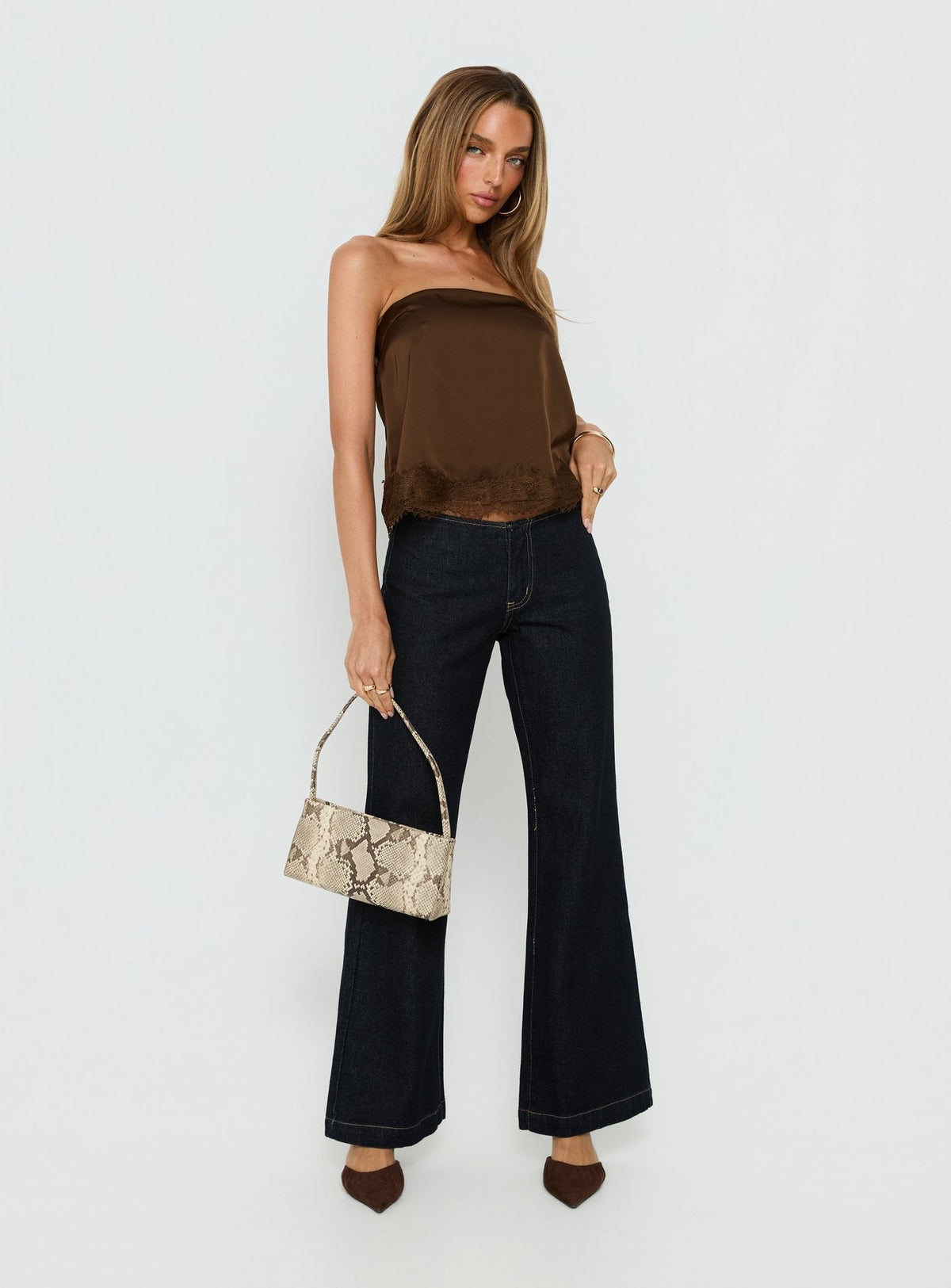 Sheyla Strapless Satin Lace Trim Top Chocolate