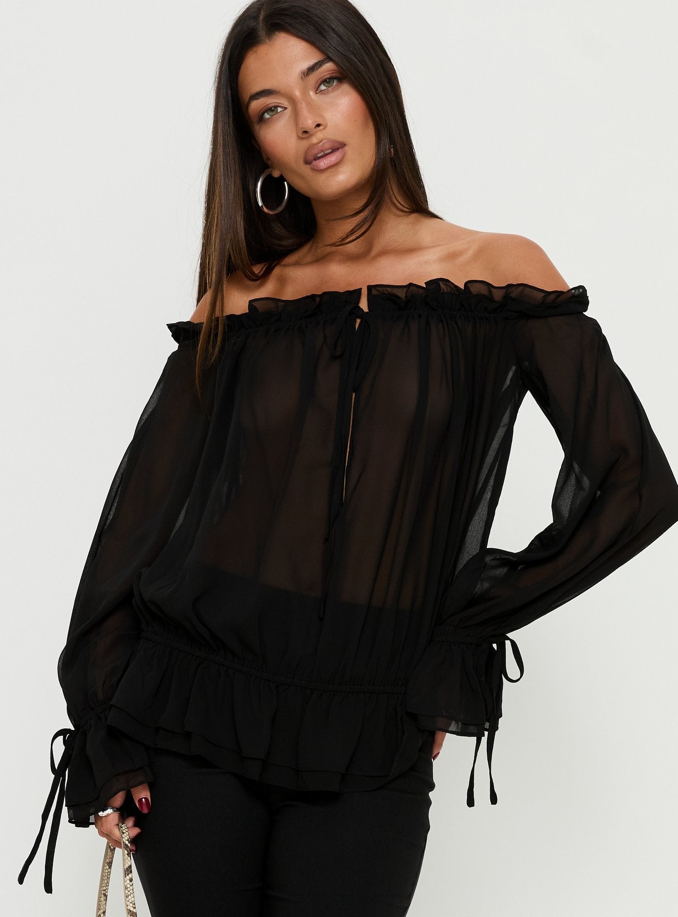 Madelina Frill Long Sleeve Top Black