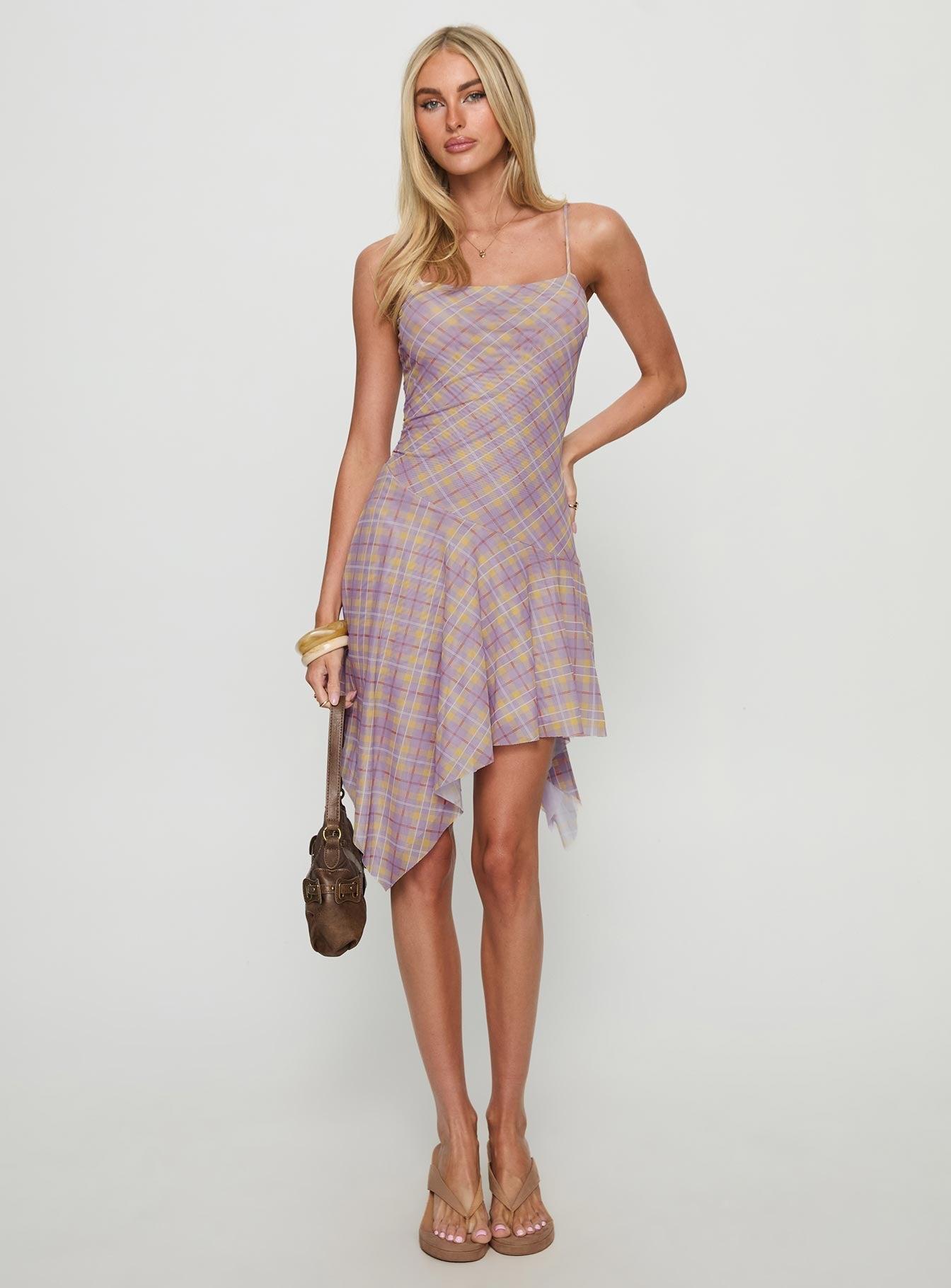 Celinda Asymmetrical Midi Dress Pink Multi Check