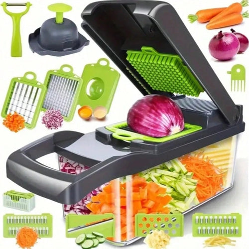 [Vegetable Slicer] 16-In-1 Vegetable Chopper, Professional Onion Chopper, Multi-Functional Food Chopper, Kitchen Vegetable Slicer And Dicer, Vegetable Chopper With 8 Blades, Carrot Chopper With Container Father Gift