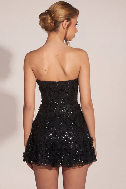 Embellished Appliqué Sweetheart Mini Dress in Black