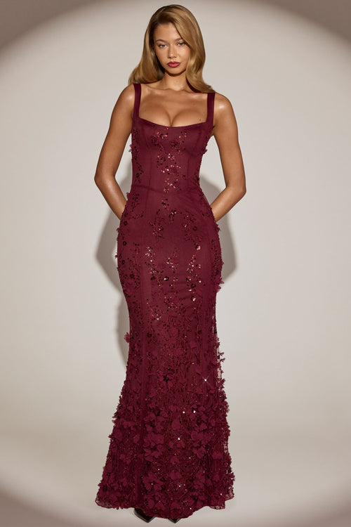 Embellished Appliqué Soft-Scoop Corset Gown in Wine Red