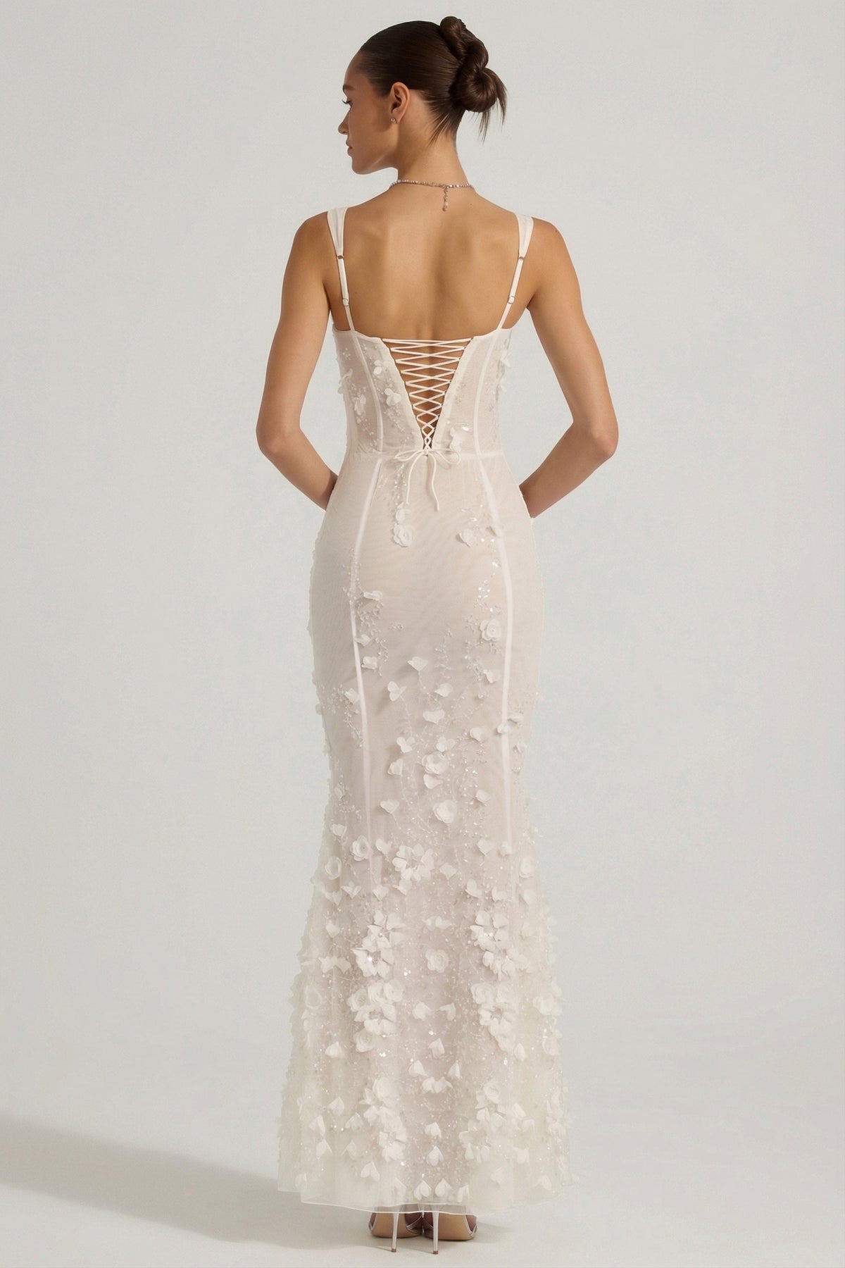 Embellished Appliqué Soft-Scoop Corset Gown in White