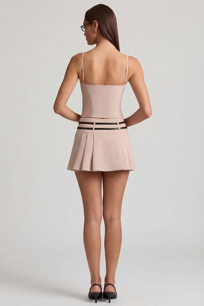 Belted Low-Rise Pleated Mini Skirt in Mushroom