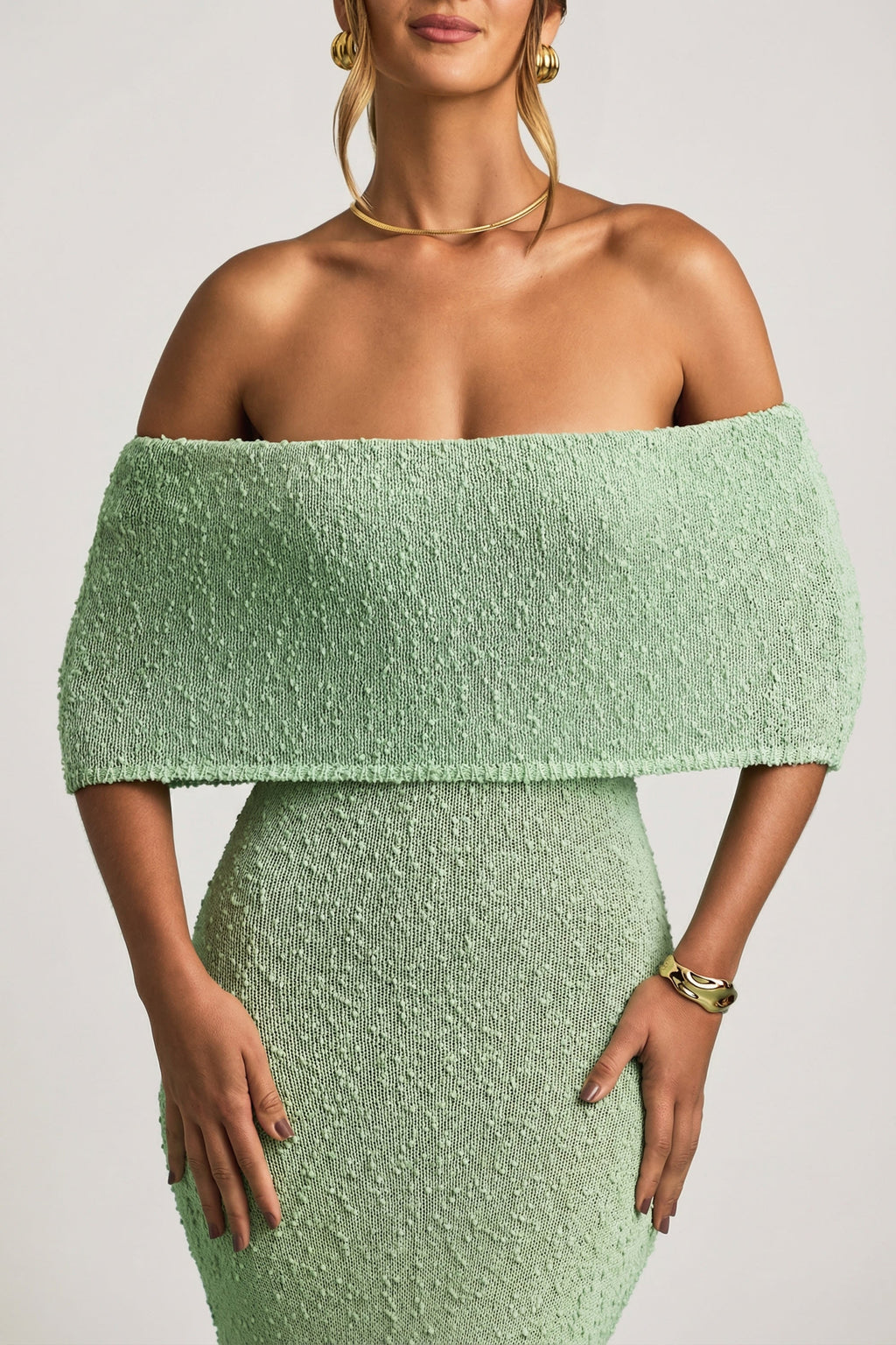 Bouclé Off-Shoulder Maxi Dress in Mint