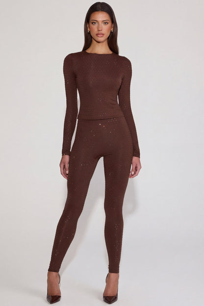 Embellished Jersey High-Waisted Leggings in Chocolate Brown