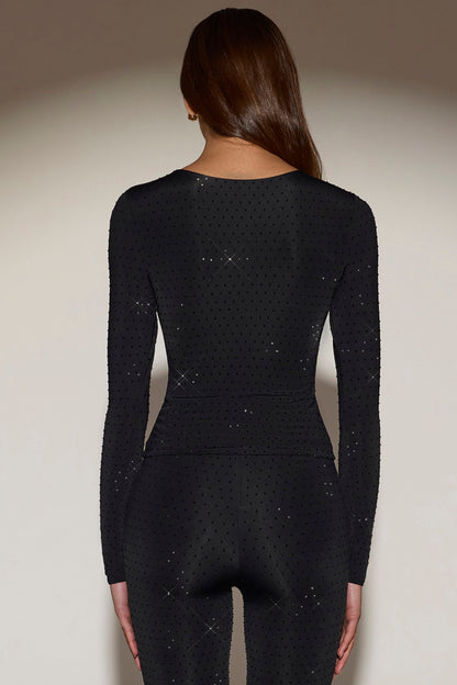 Embellished Crew-Neck Long-Sleeve Top in Black