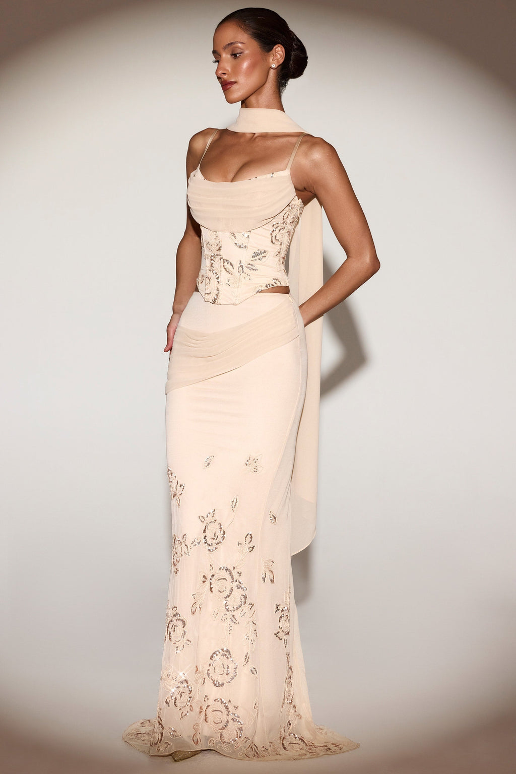 Embellished Draped Mid-Rise Gown Skirt in Gold