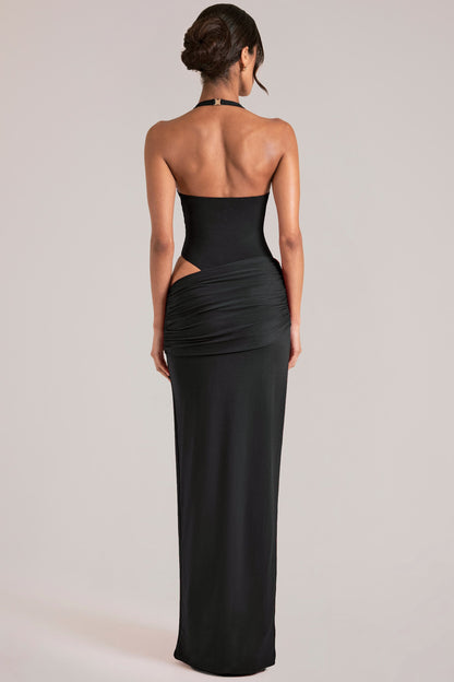 Deep Plunge Halterneck Maxi Dress in Black