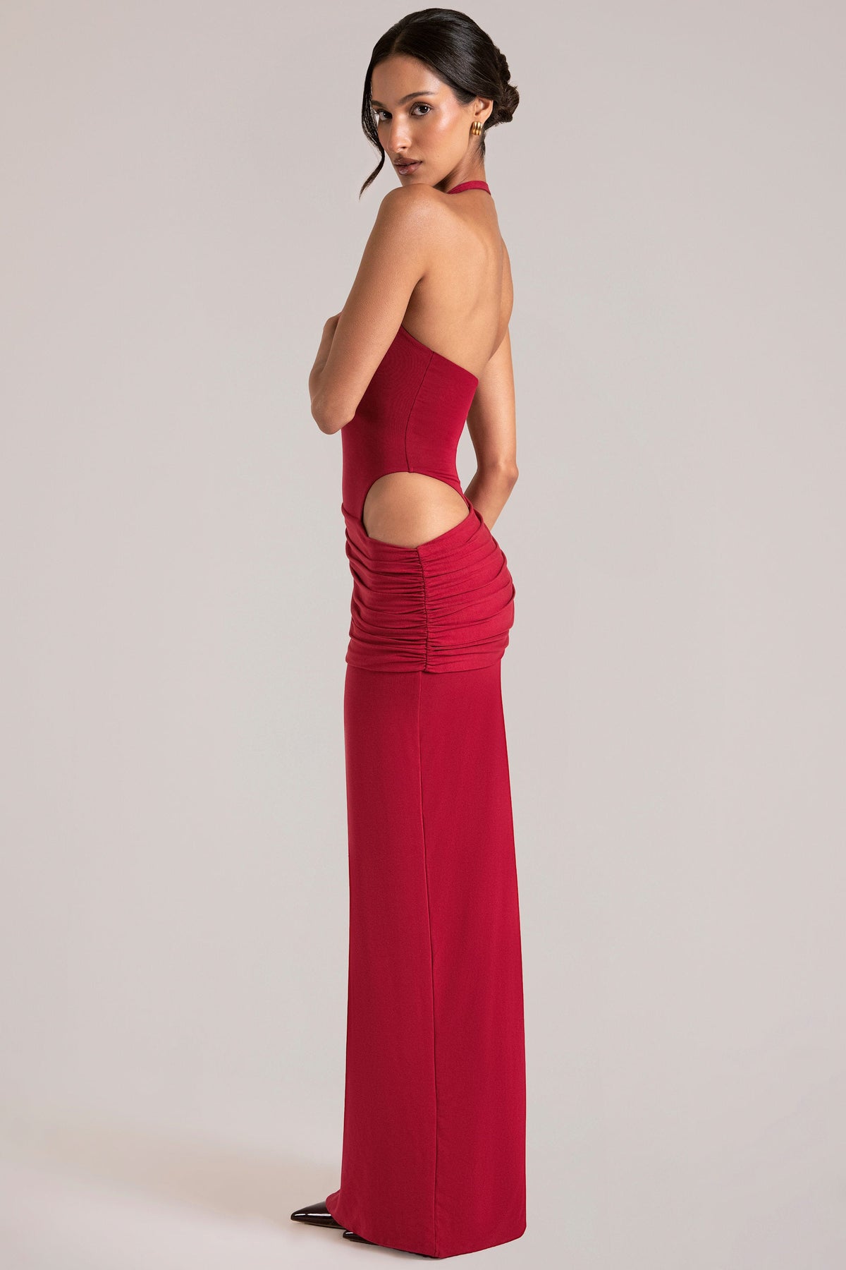 Deep Plunge Halterneck Maxi Dress in Cherry Red