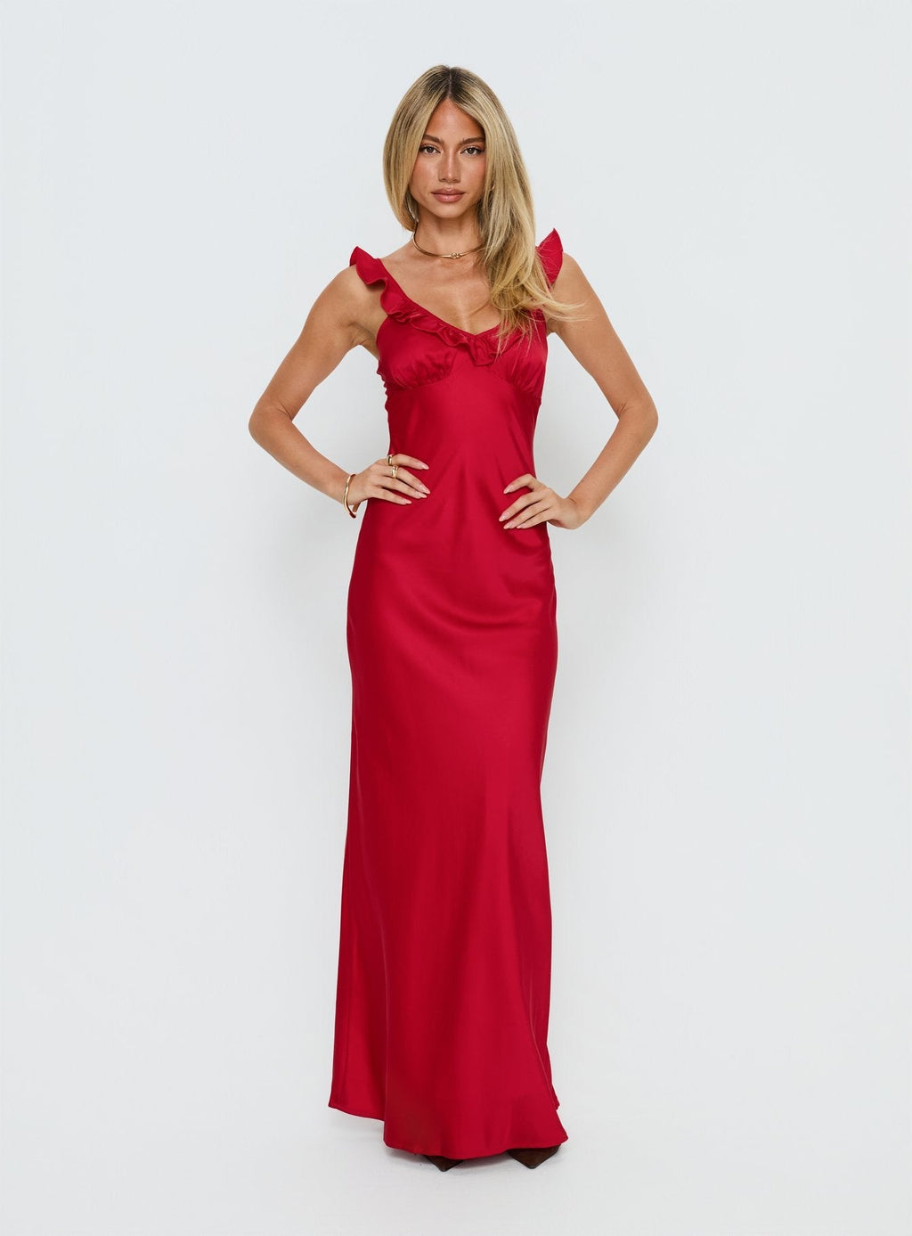 Ondrea Frill V Neck Maxi Dress Red