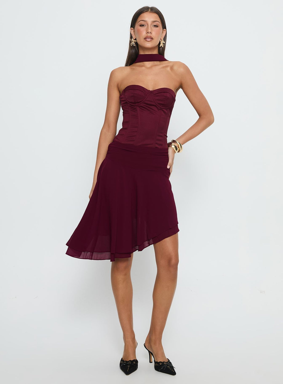 Rhythms Scarf Detail Midi Dress Wine