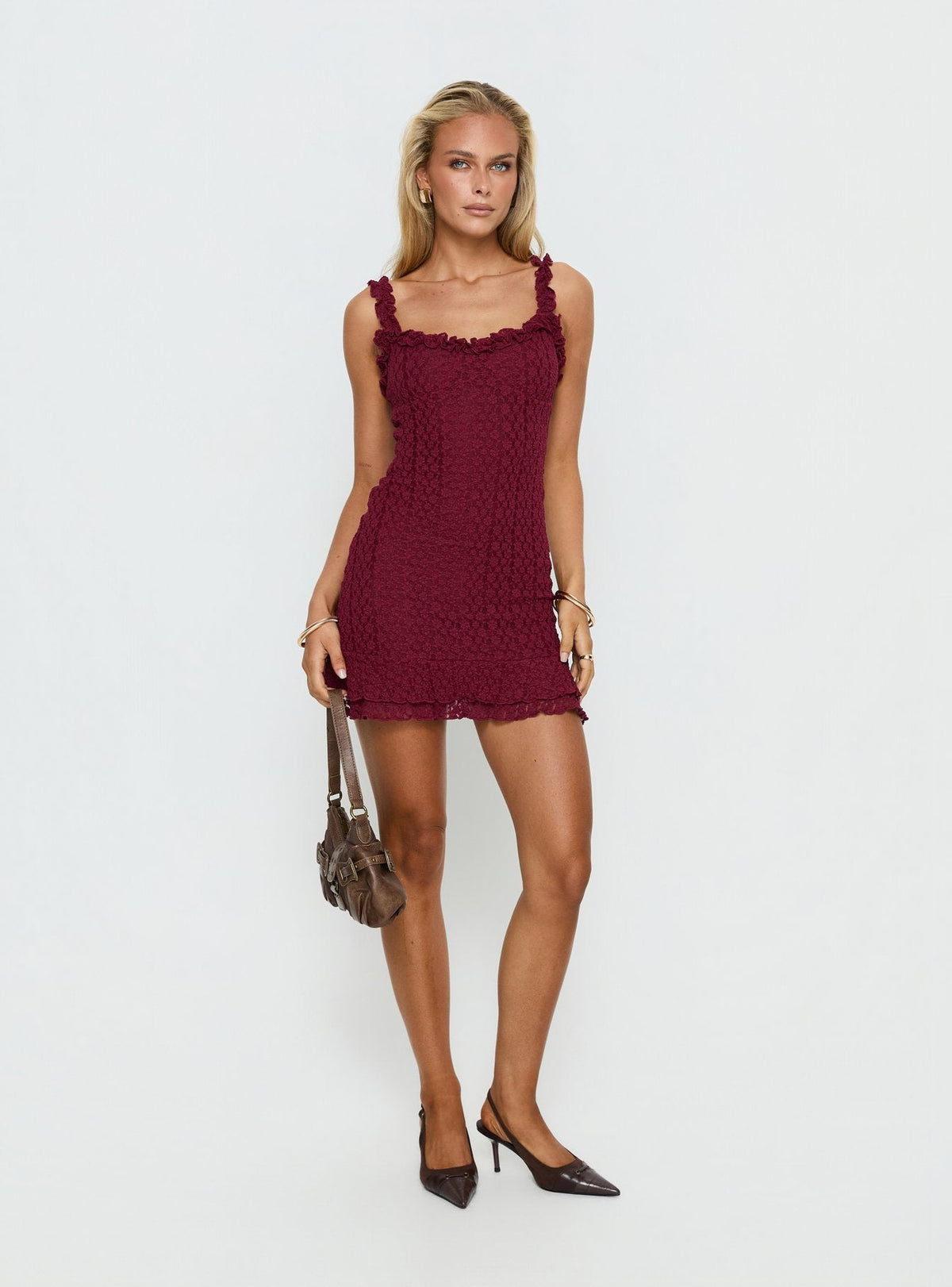 Steffi Frill Lace Mini Dress Burgundy
