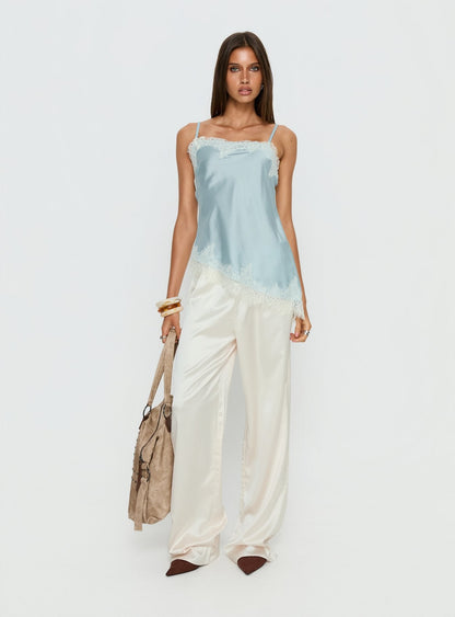 Winta Lace Trim Asymmetrical Satin Top Blue