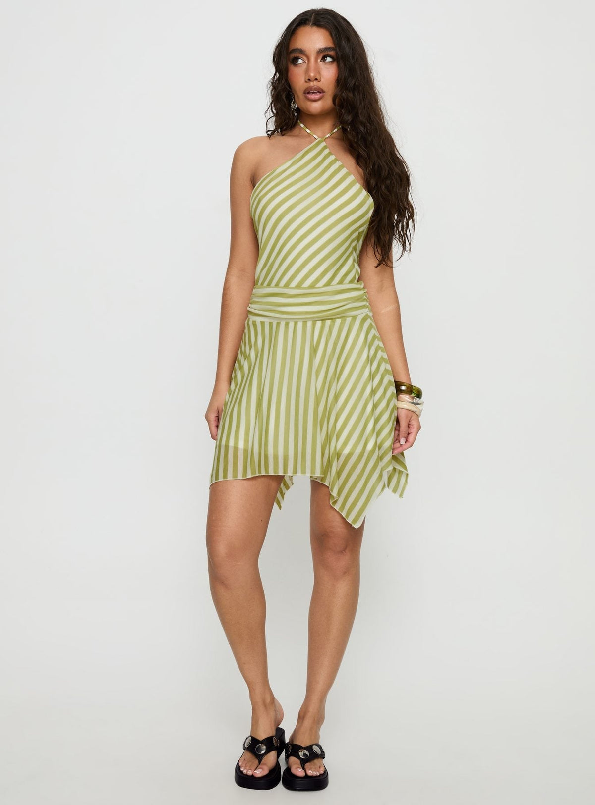 Sadana Arrowhead Asymmetrical Mini Dress Green Stripe