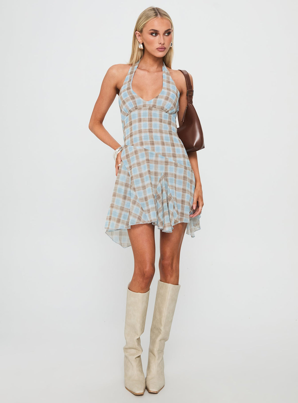 Valorie Halter Mini Dress Blue Check
