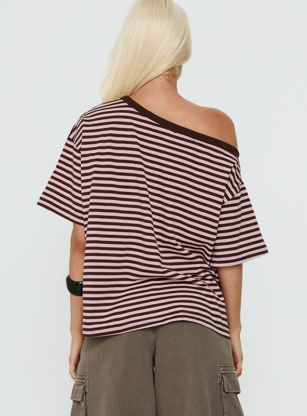 Settle Down One Shoulder Top Pink / Chocolate Stripe