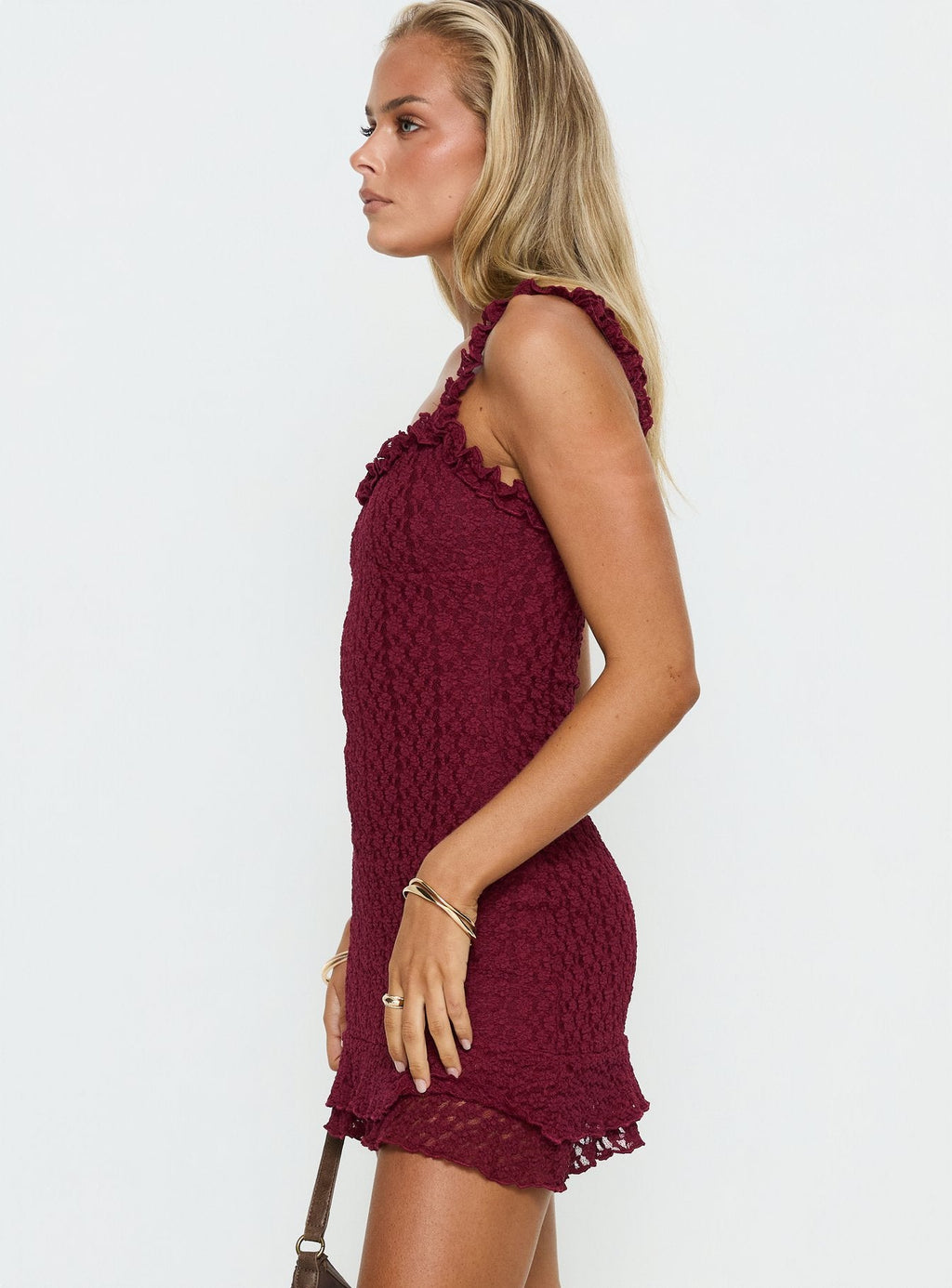 Steffi Frill Lace Mini Dress Burgundy
