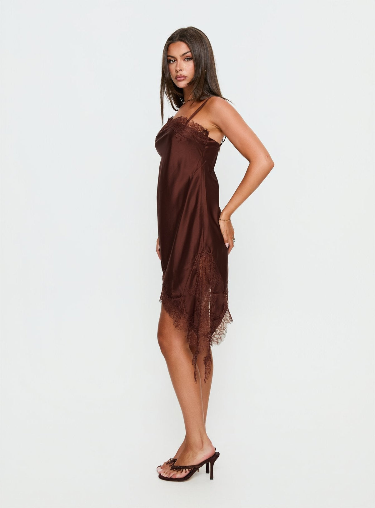Malakhai Lace Asymmetrical Mini Dress Chocolate