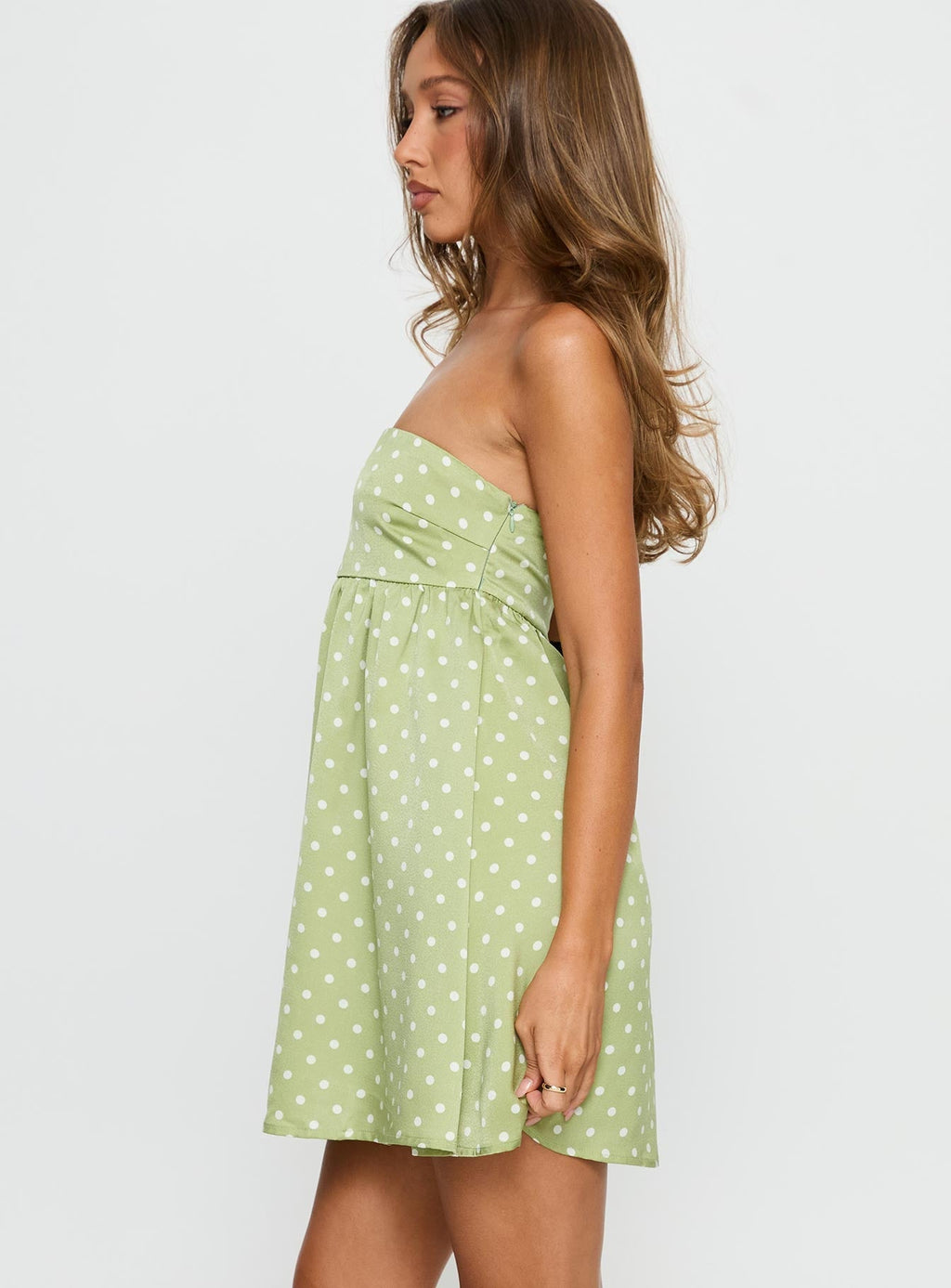 Follow the Dream Strapless Mini Dress Green Polka Dot