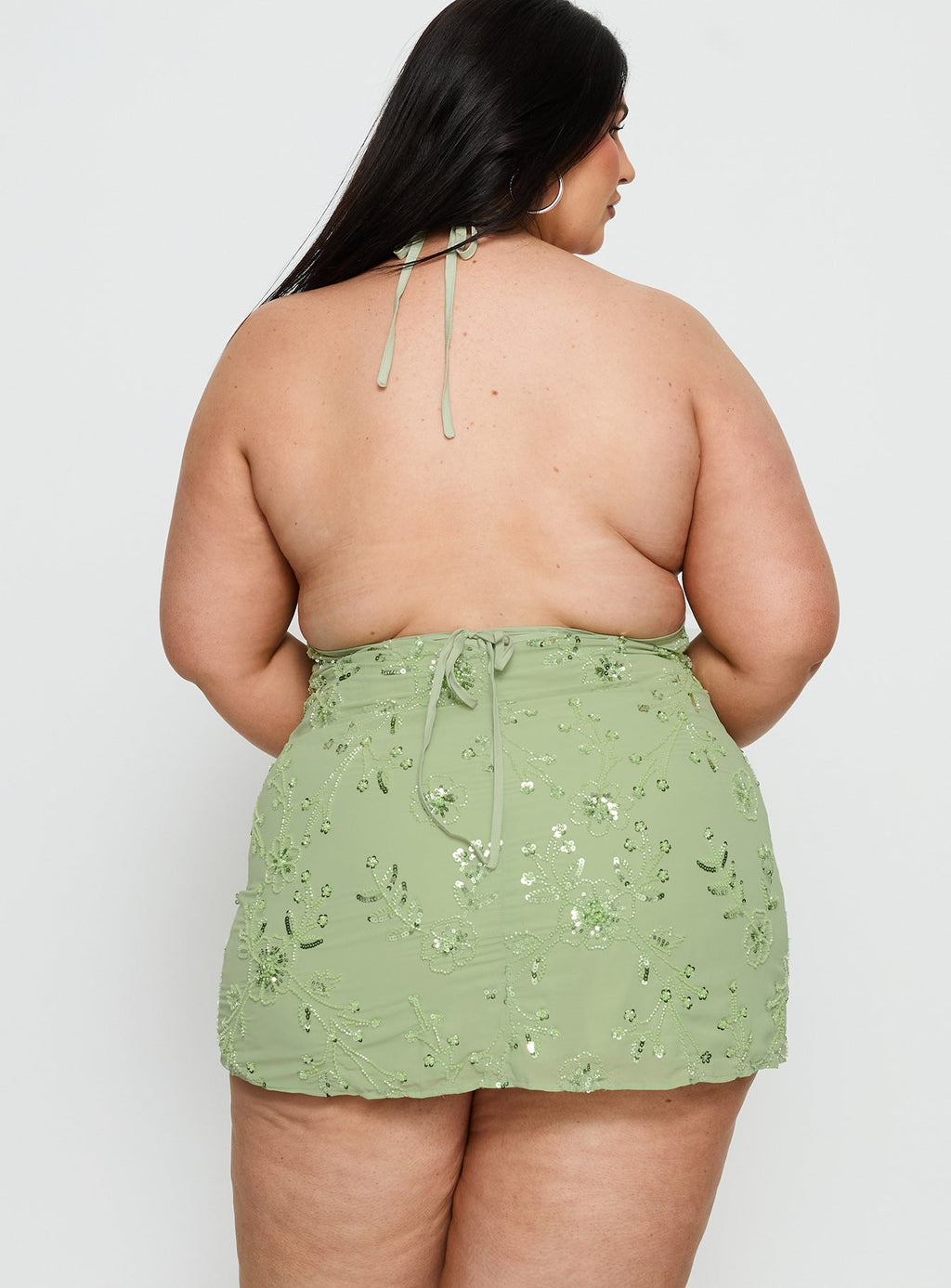 Evolet Embellished Halter Mini Dress Green Curve