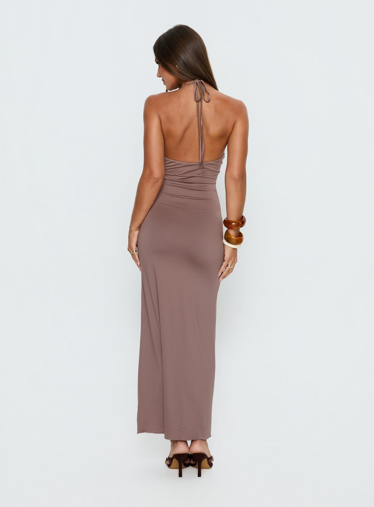 Naysana Halter Ruched Maxi Dress Mocha