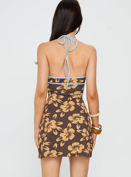 Mishie Halter Mini Dress Brown / Blue Floral
