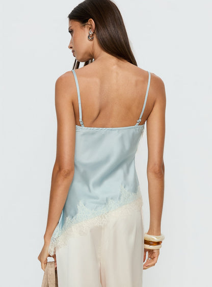 Winta Lace Trim Asymmetrical Satin Top Blue
