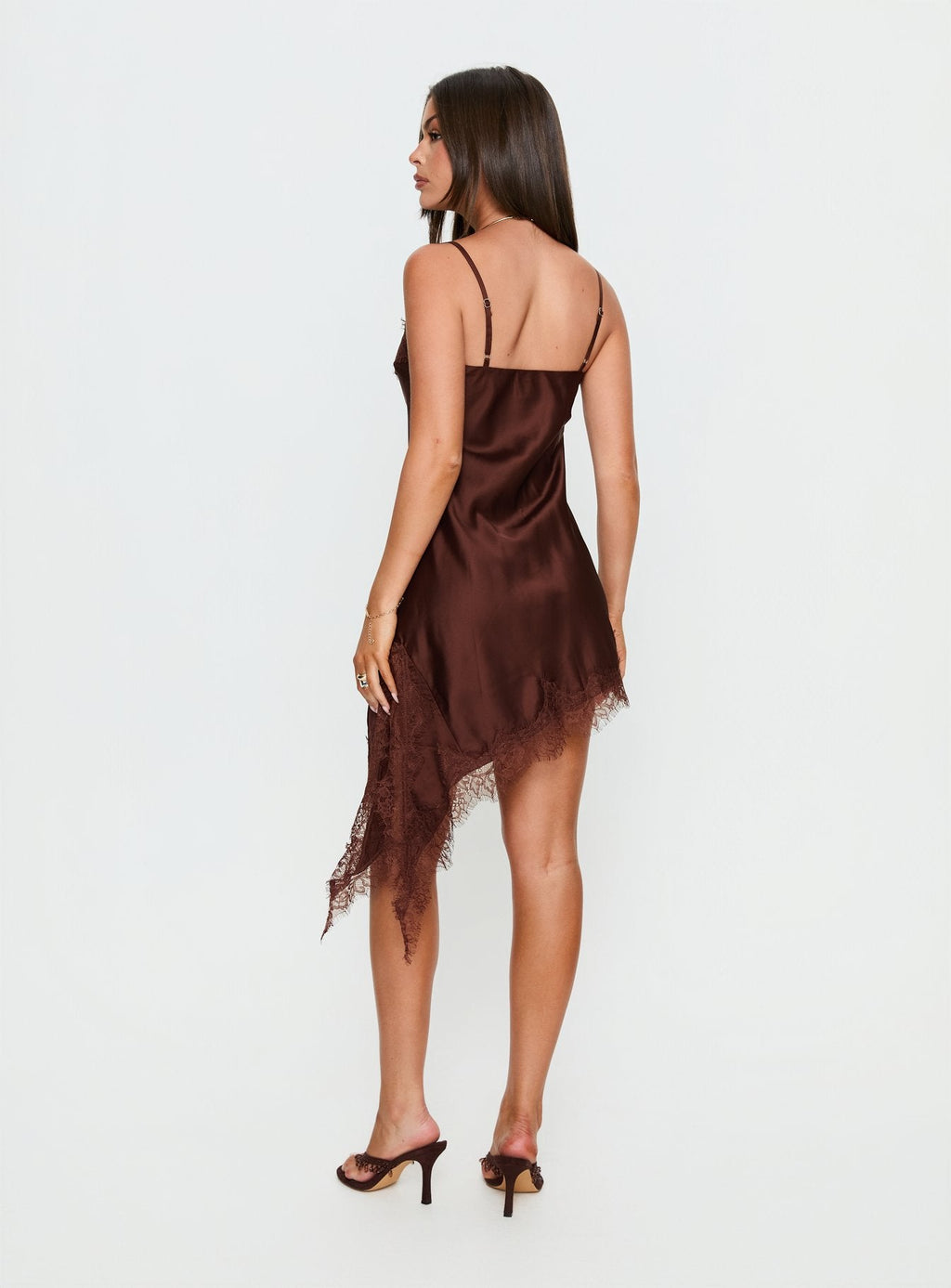 Malakhai Lace Asymmetrical Mini Dress Chocolate