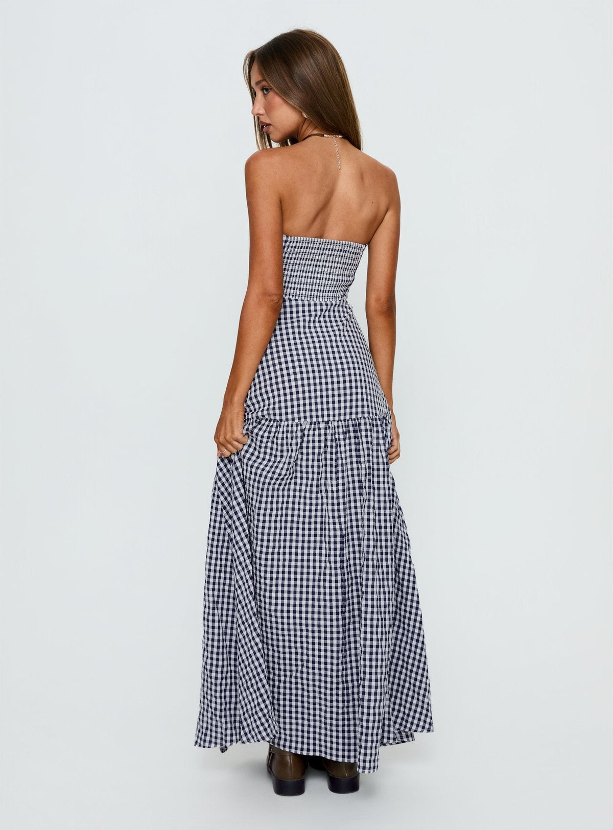 Luckystar Strapless Sweetheart Maxi Dress Navy Gingham