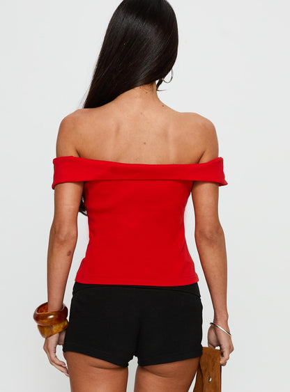 Hibiscus Haven Off Shoulder Graphic Top Red