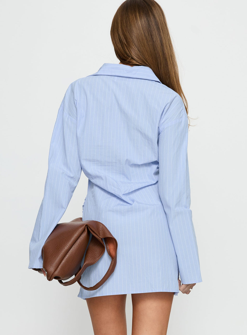 Well Versed Long Sleeve Ruched Shirt Mini Dress Blue