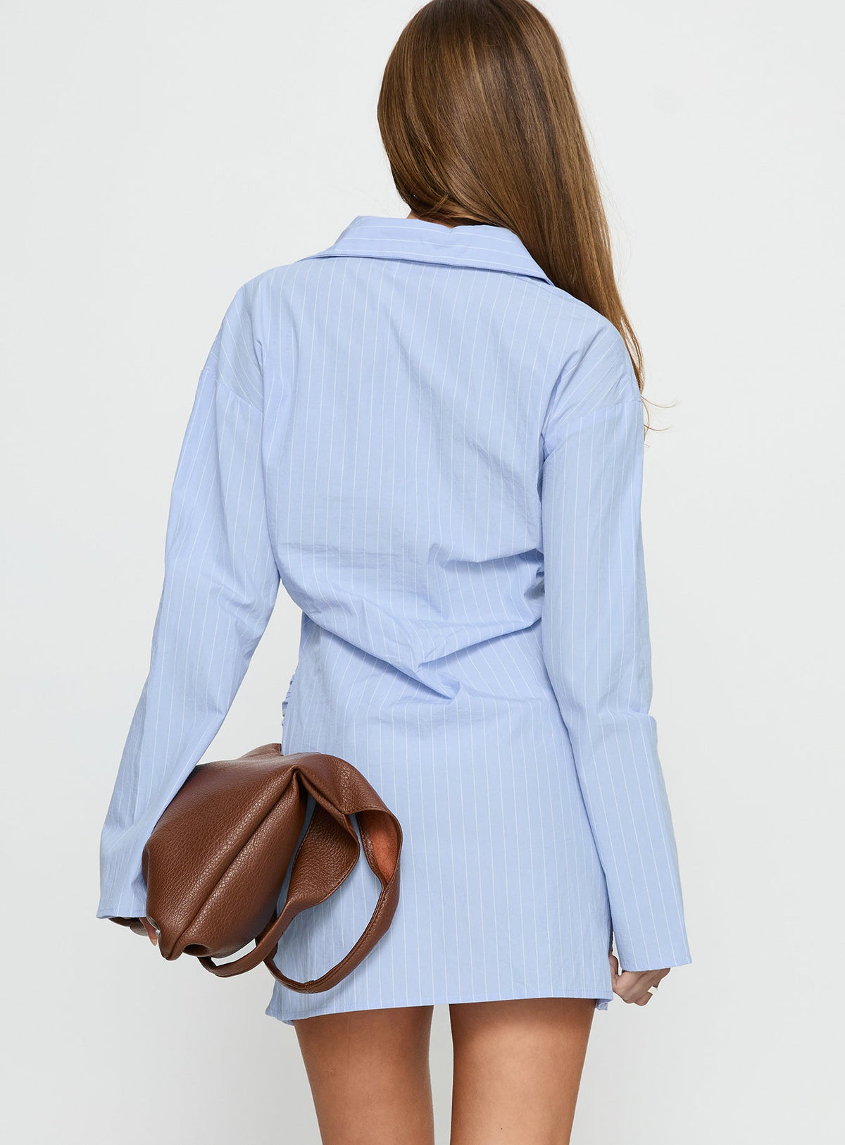 Well Versed Long Sleeve Ruched Shirt Mini Dress Blue